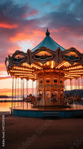 a swinging carousel fair ride in amusement park at sunset