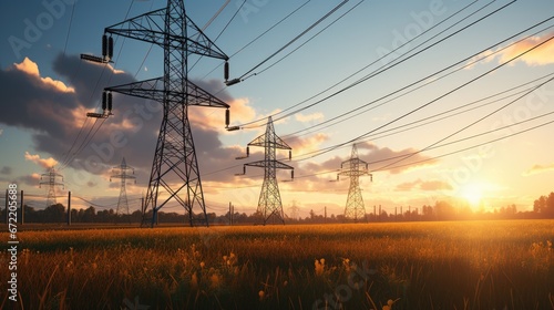 Powerful Connection: An isolated power pole and power lines, a symbol of electricity, energy, and technological infrastructure. photo