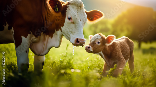 Calf drinking milk from mother. Cow with newborn calf on green grass of meadow.