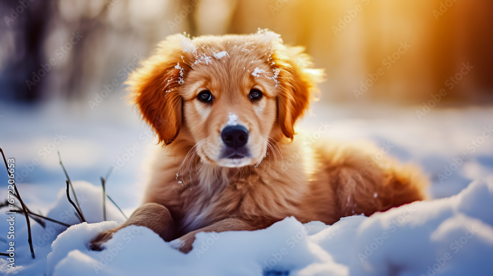 Cute young golden retriever puppy playing in the snow at winter.