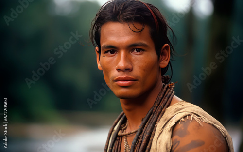 Portrait of amazonian man. Powerful and attractive indigenous male. photo