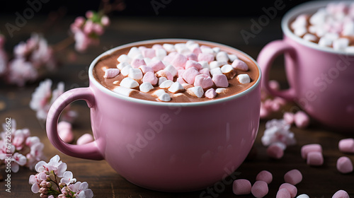 Chocolaty Comfort: Aerial Shot of Creamy Hot Chocolate in a Pink Mug