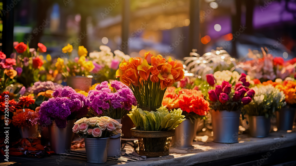 Flower arrangements for sale at local market. - obrazy, fototapety, plakaty 