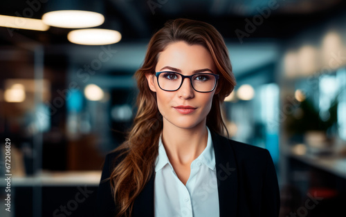 Business woman portrait with sunglasses and blurred office in background.