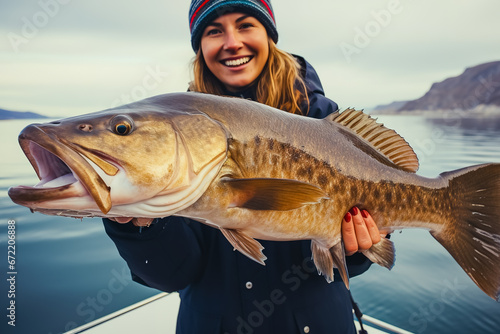Happy young fisherwoman holding big arctic cod. Norway happy fishing. Fishing catch and release concept.