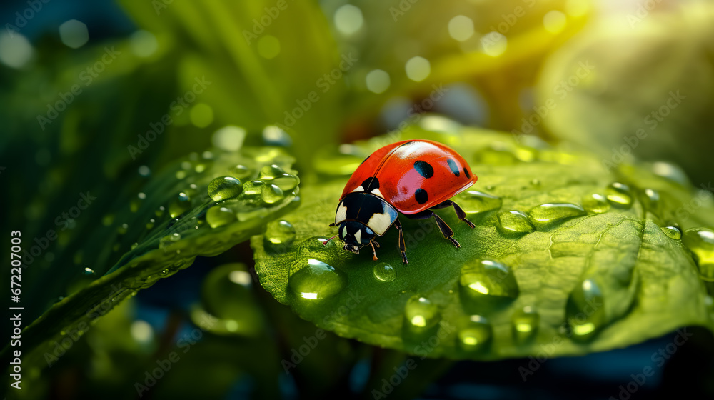 Ladybird at morning on green leaf. Close-up. Ladybird at morning on green leaf. Close-up.