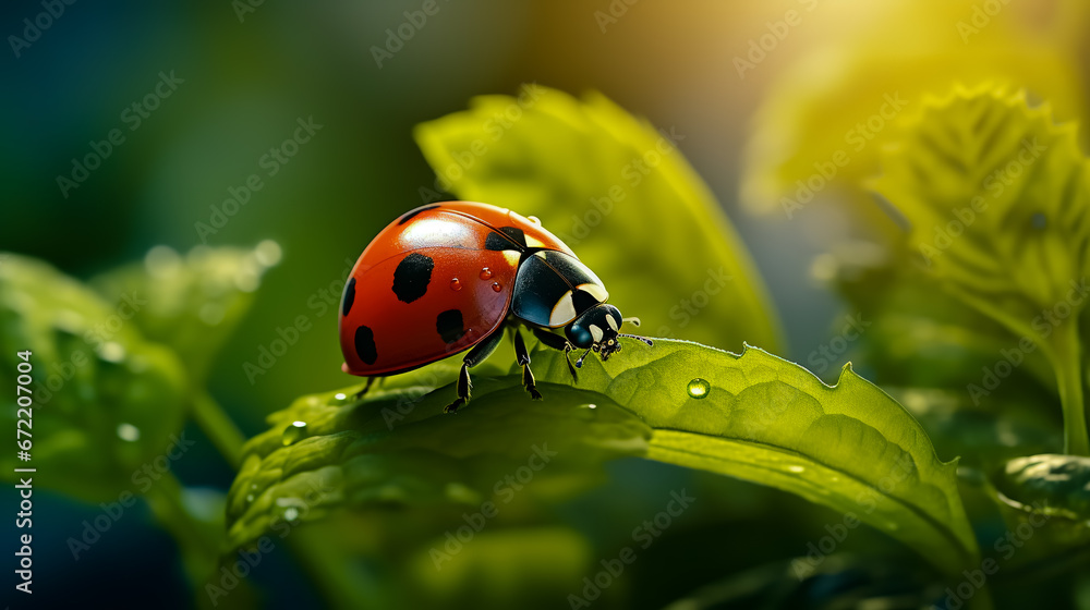Ladybird at morning on green leaf. Close-up. Ladybird at morning on green leaf. Close-up.
