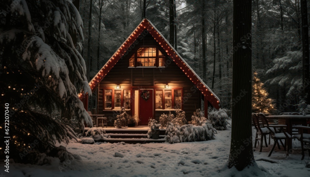 Photo of a Cozy Cabin in the Enchanting Woods Illuminated by Festive Christmas Lights