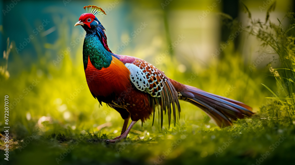 Fototapeta premium Male common pheasant walking on the green meadow, blurred background.