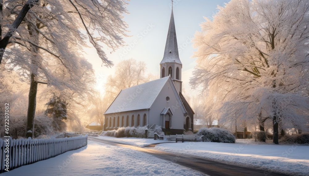 Photo of a Majestic Snowy Church with a Towering Steeple in the Serene Winter Landscape