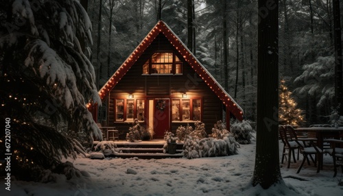 Photo of a Cozy Cabin in the Enchanting Woods Illuminated by Festive Christmas Lights © Anna