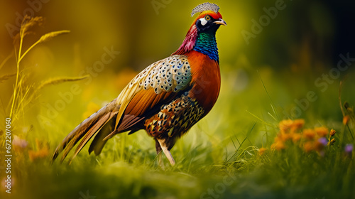 Male common pheasant walking on the green meadow, blurred background.