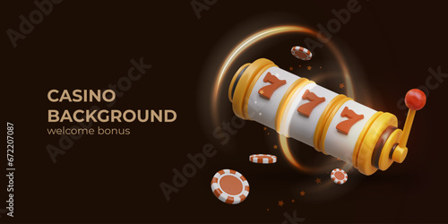 Welcome bonuses in casino, first deposit. Big win concept, triple sevens. Realistic slot machine, chips, stars. Horizontal concept on black background, place for text