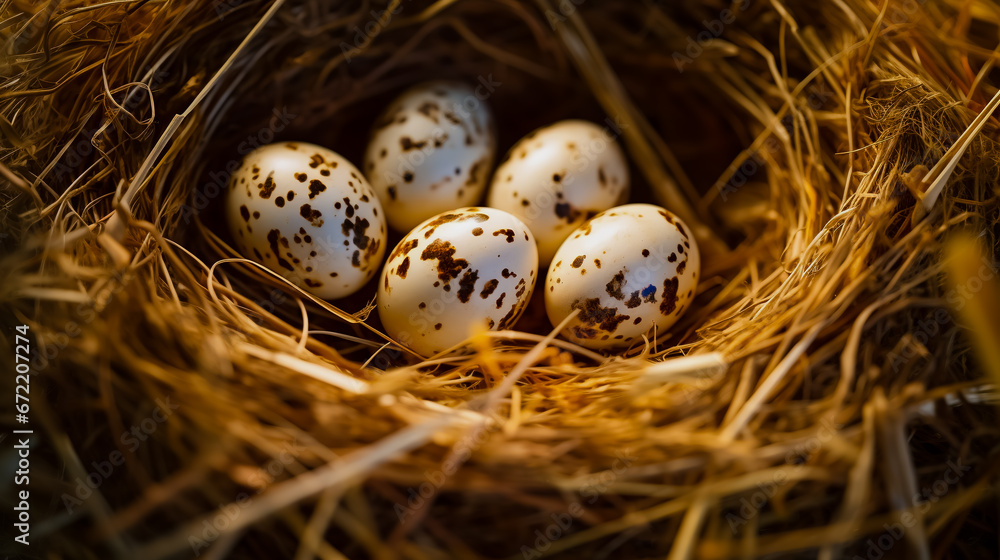 Quail eggs in a straw nest, macro photo. Quail eggs in a straw nest, macro photo.