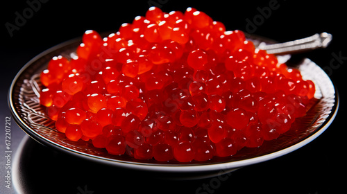 Plate with red caviar on black background.