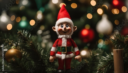Photo of Christmas Elf Figurine Gazing at Festive Tree with Ornaments and Lights