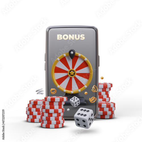 Mobile phone, web poker casino red chips collection, and cubes. Gambling poker, online website, or mobile app. Vector illustration in 3D style with place for text