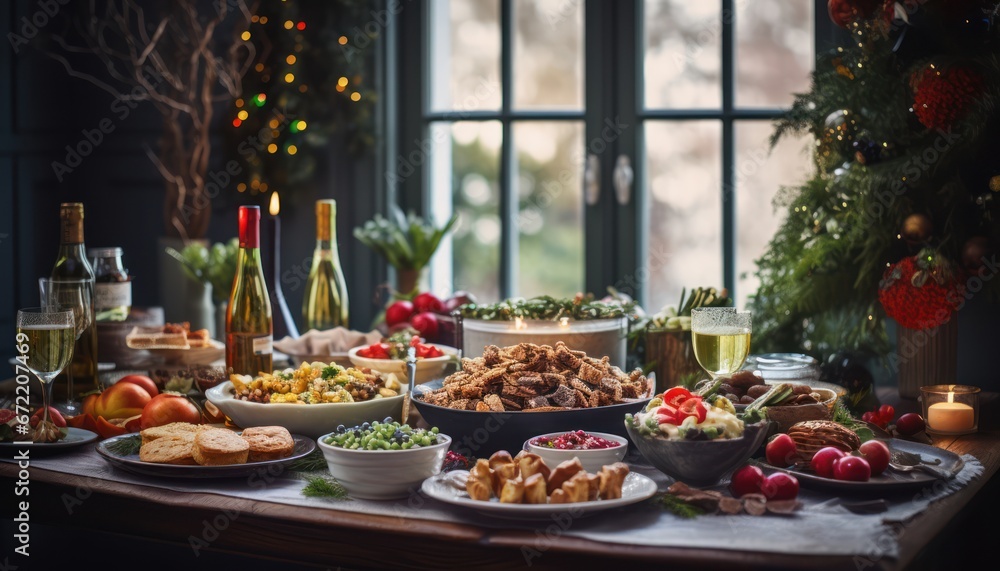 Photo of a Festive Feast of Delicious Cuisine and Fine Wine, Illuminated by a Christmas Tree