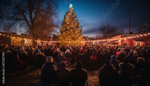 Photo of a Festive Gathering Around a Majestic Christmas Tree