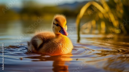 A duckling swims in the pond. © leo_nik