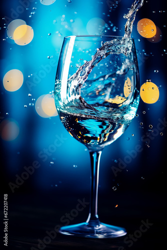 Splashes of water in a wine glass, with blue filter, close up with copy space.