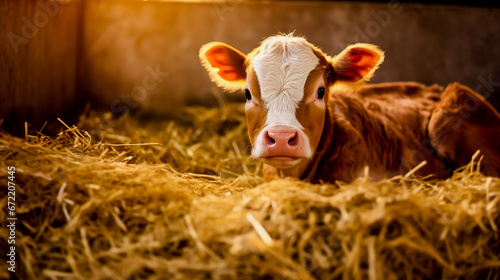 Сute young calf lies in straw. Calf lying in straw inside dairy farm in the barn.