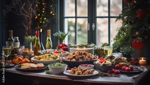 Photo of a Festive Feast of Delicious Cuisine and Fine Wine, Illuminated by a Christmas Tree © Anna