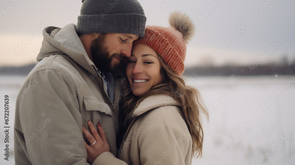Happy young couple hugging each other and having fun outdoors in winter park Happy young couple hugging each other and having fun outdoors in winter park