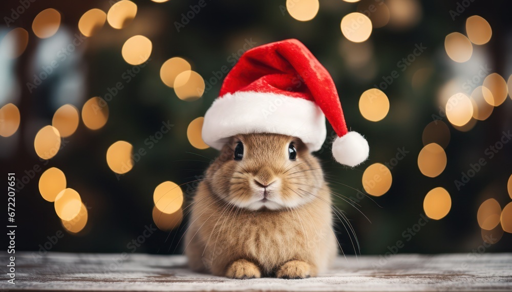 Photo of Adorable Rabbit in a Festive Santa Hat Poses on a Table