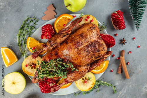Roast Christmas duck with thyme and apples, Restaurant menu, dieting, cookbook recipe top view