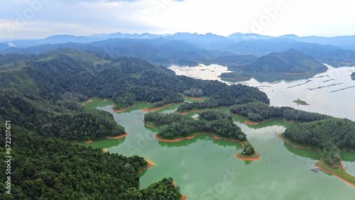 Aerial 4k video of Ulu Kasok Riau tourist attraction, the Raja Ampat wannabe in Riau province, Sumatra island, Indonesia. photo