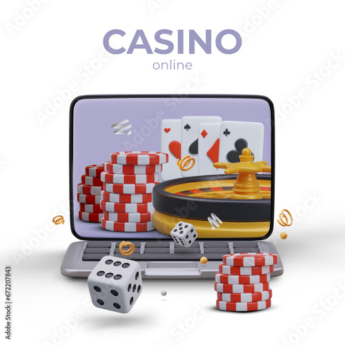 Online casino concept. Open laptop, stacks of chips, roulette, playing cards, dice. Remote participation in gambling. Game website advertisement with 3D color composition. Invitation to play