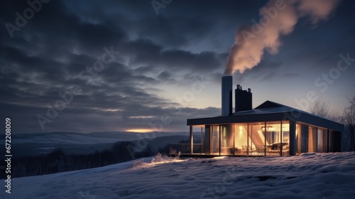 Eco-Conscious Living: Dark smoke escapes the chimney of a modern house in winter, highlighting the environmental concerns of heating with solid fuel