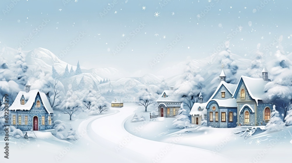 Snowy landscape with pine trees and festive decorations in a cozy village during Christmas season