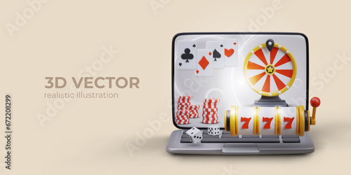 Open laptop, slot machines on screen. Online casino concept. Wheel of fortune, slot machine, playing cards, dice, poker chips. Header, banner advertising gambling