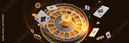 Creative horizontal casino concept. Roulette, from which poker chips, cards, stars fly away. Dynamic effect, realistic illustration on black background. Luxurious, expensive club
