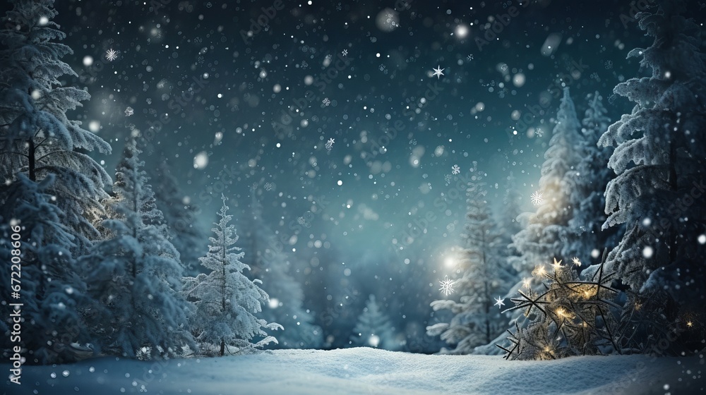 Snowy pine trees and festive ornaments on a winter background with copy space - obrazy, fototapety, plakaty 