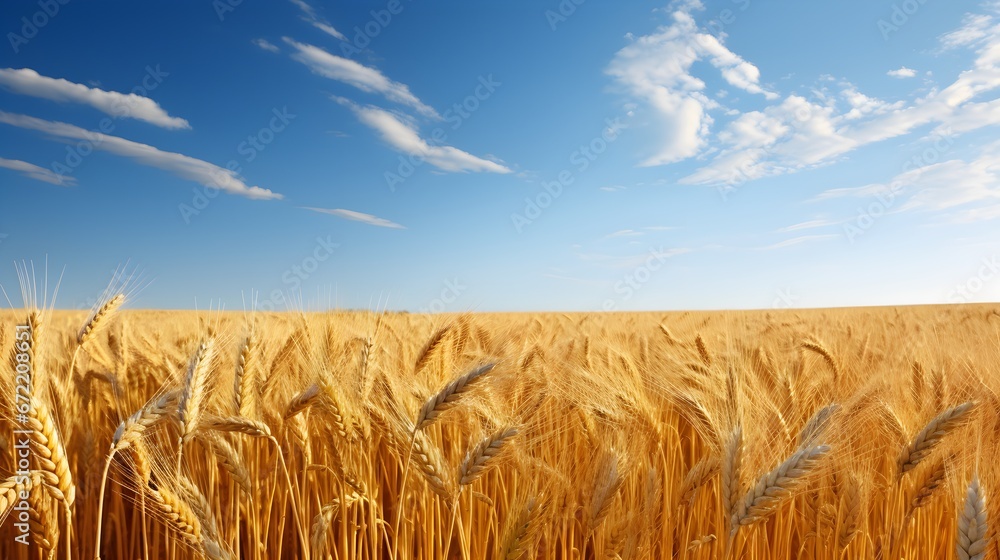 Golden wheat horizon, wide-angle shot of an endless field of wheat, their golden tips contrasting the azure sky, encapsulating nature's grandeur. Golden wheat horizon, wide-angle shot of an endless field of wheat, their golden tips contrasting the azure sky, encapsulating nature's grandeur.