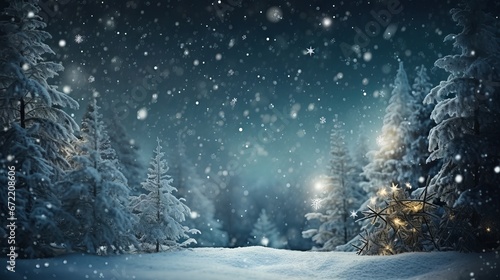 Snowy pine trees and festive ornaments on a winter background with copy space photo
