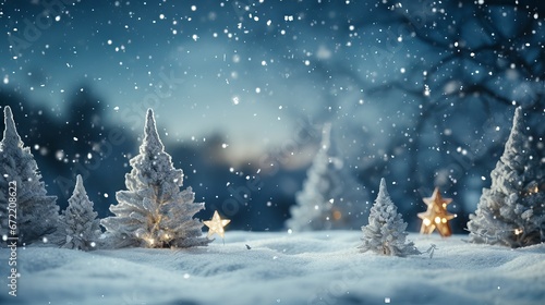 Snowy pine trees and festive ornaments on a winter background with copy space