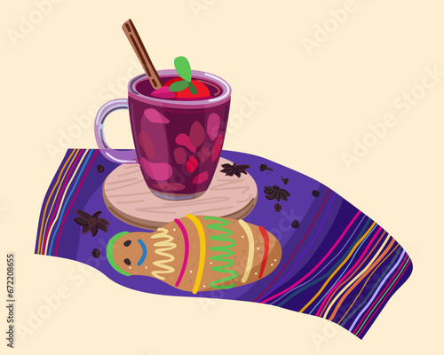 Colada morada and bread baby. Traditional ecuadorian dish. Vector illustration.
