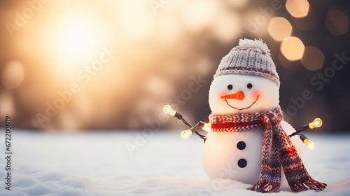 Snowman with hat and scarf on snowy background with bokeh lights and sun rays with copy space - Winter holiday Christmas banner photo