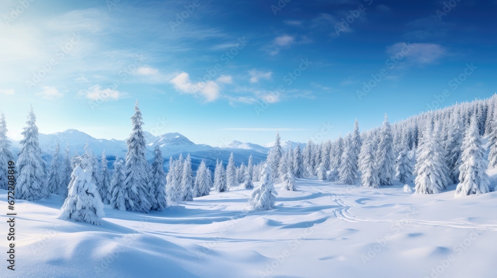 Incredible winter landscape with snowcapped TREES trees in frosty morning. Amazing nature scenery in winter mountain valley. Awesome natural background. Soft light effect