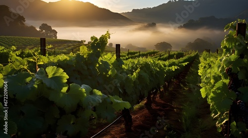 Organic vineyard at dawn, eye-level shot of grapevines bathed in morning light, dew-kissed leaves indicating nature's touch, underscoring organic practices.