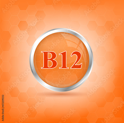 Vitamin B12 icon structure orange substance. Personal care, beauty concept. Medicine health symbol of thiamine. Drug business concept. 3D Vitamin complex with chemical formula. Vector Illustration.	