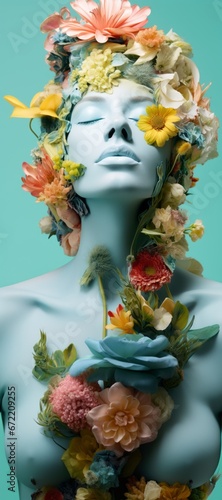 Sculpture of a woman with flowers in her hair.