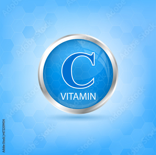 Vitamin C icon structure blue substance. 3D Vector Illustration. Personal care, beauty concept. Medicine health symbol of thiamine. Drug business concept. Vitamin complex with chemical formula.	