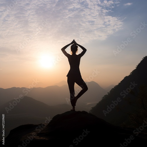 Woman practicing yoga and meditation on a mountain at sunset or sunrise. Woman on top of a mountain