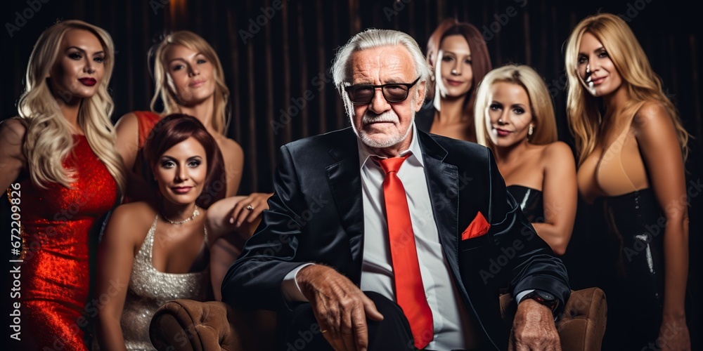 Affluent elderly man living the oligarch lifestyle surrounded by glamorous women, concept of Sophisticated luxury Affluent elderly man living the oligarch lifestyle surrounded by glamorous women, concept of Sophisticated luxury