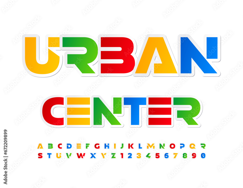 Vector creative poster Urban Center. Trendy Colorful Font. Bright sticker Alphabet Letters and Numbers